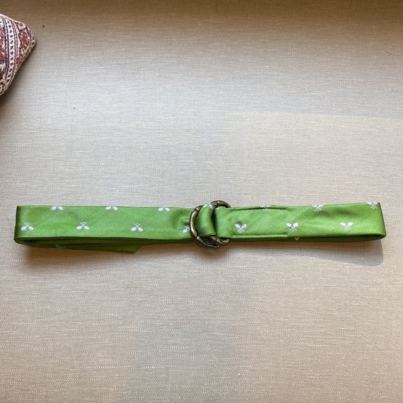 Embroidered Pink Tennis Racquets on Green Silk Belt J Crew - Picture 3 of 5